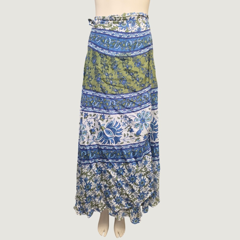 Vintage Silk Floral Wrap Maxi Skirt Blue Green Boho One Size Miss June